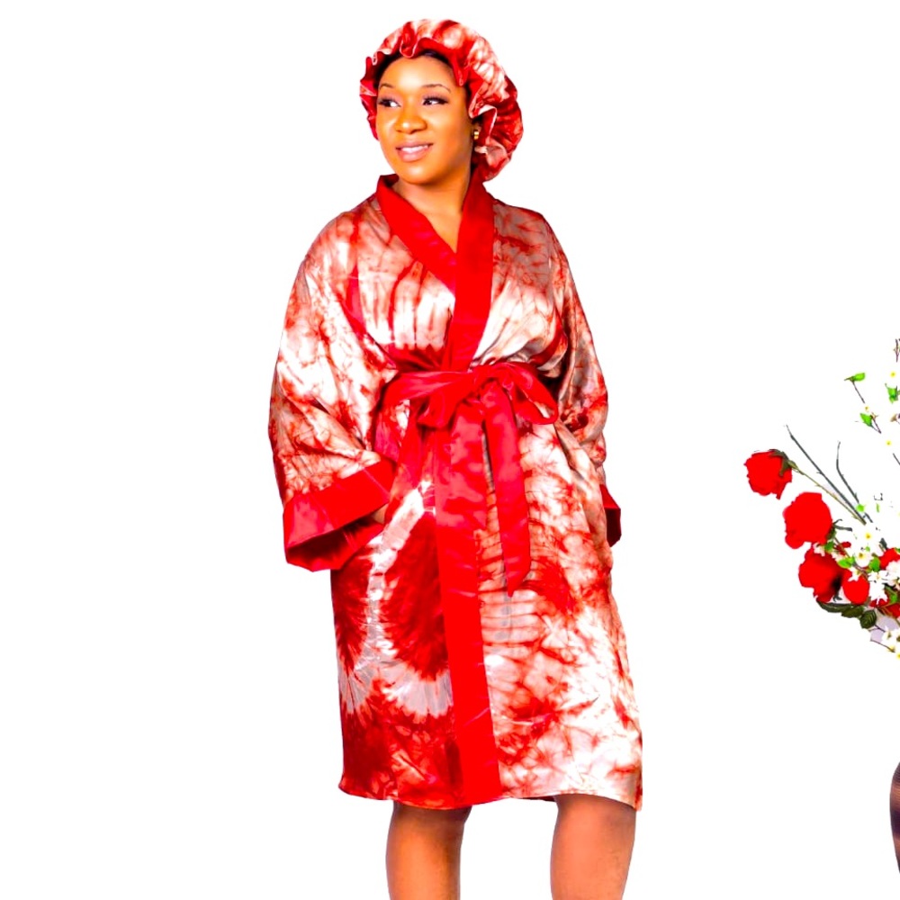 NWT Silk Adire Robe and Bonnet set
